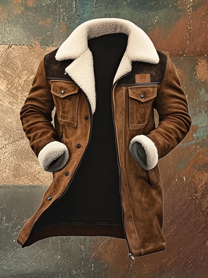 Men's Vintage Suede Patchwork Lamb Fleece Multi-Pocket Reverse Collar Outdoor Jacket Coat