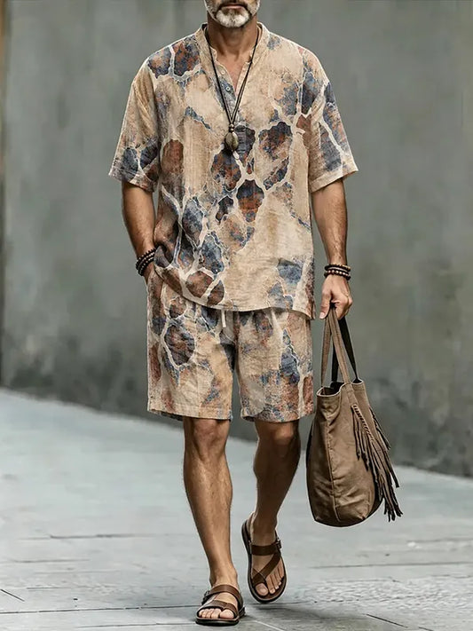 Men's Marble Geometric Art Print Half Button Shirt Shorts 2pcs Set