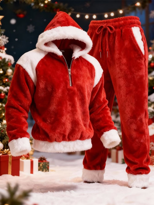 Men's Christmas Warm Plush Color-Blocked Casual Suit