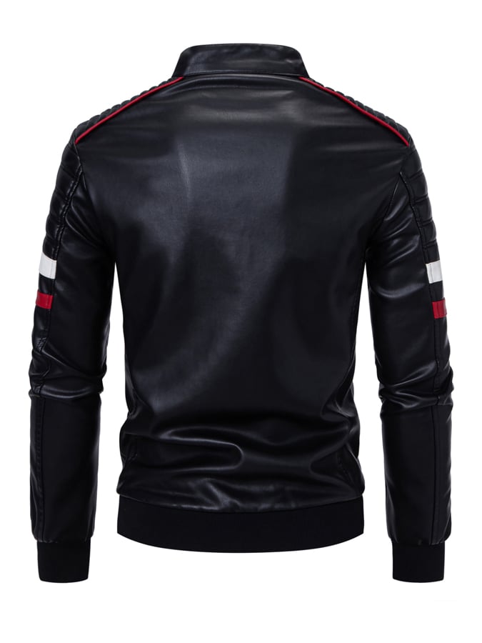 Men'S Fashion Casual Stitching Contrast Color Stand Collar Motorcycle Leather Jacket