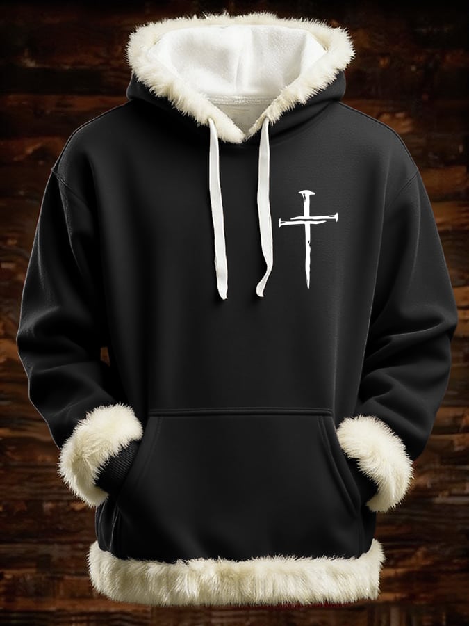 Men's Retro Faith Cross Print Patchwork Fur Collar Hooded Sweatshirt