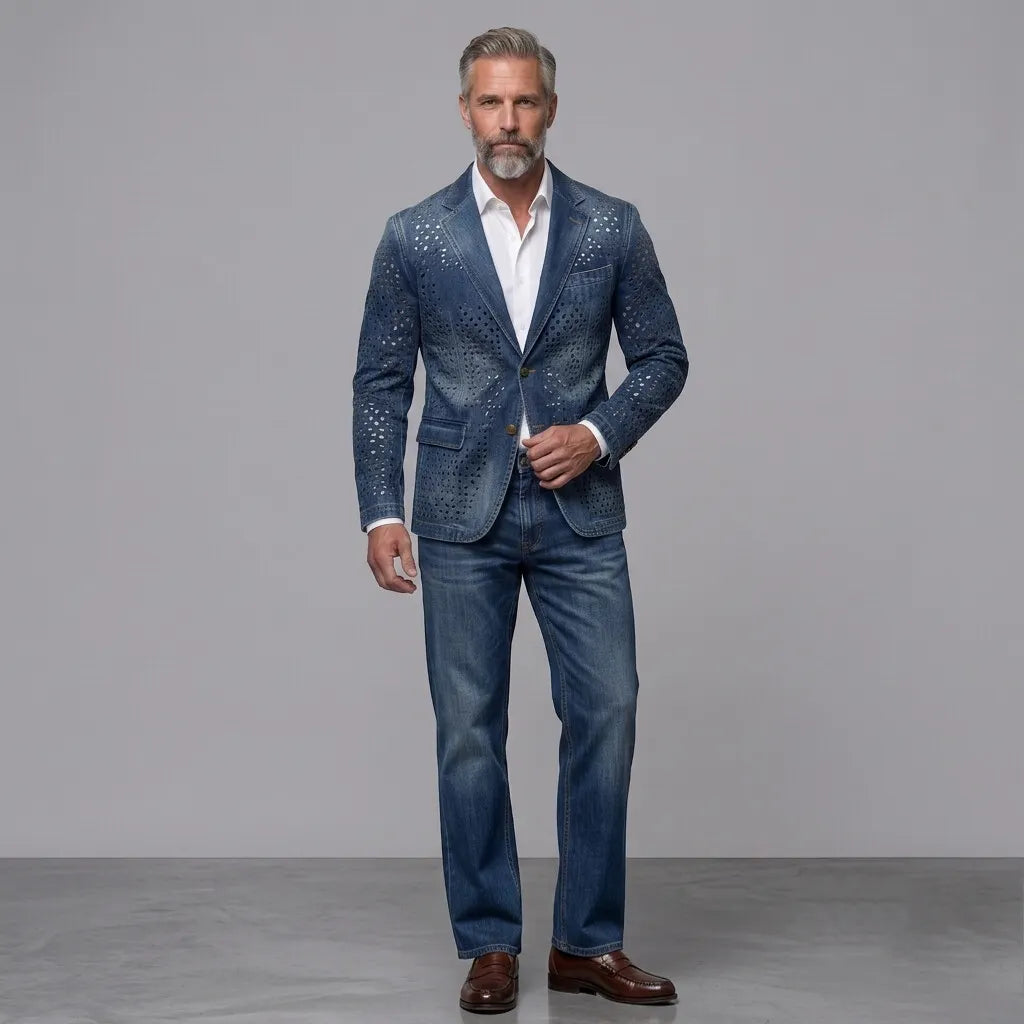 Men's Retro Distressed Denim Hollow Out Notch Lapel Single Breasted Blazer
