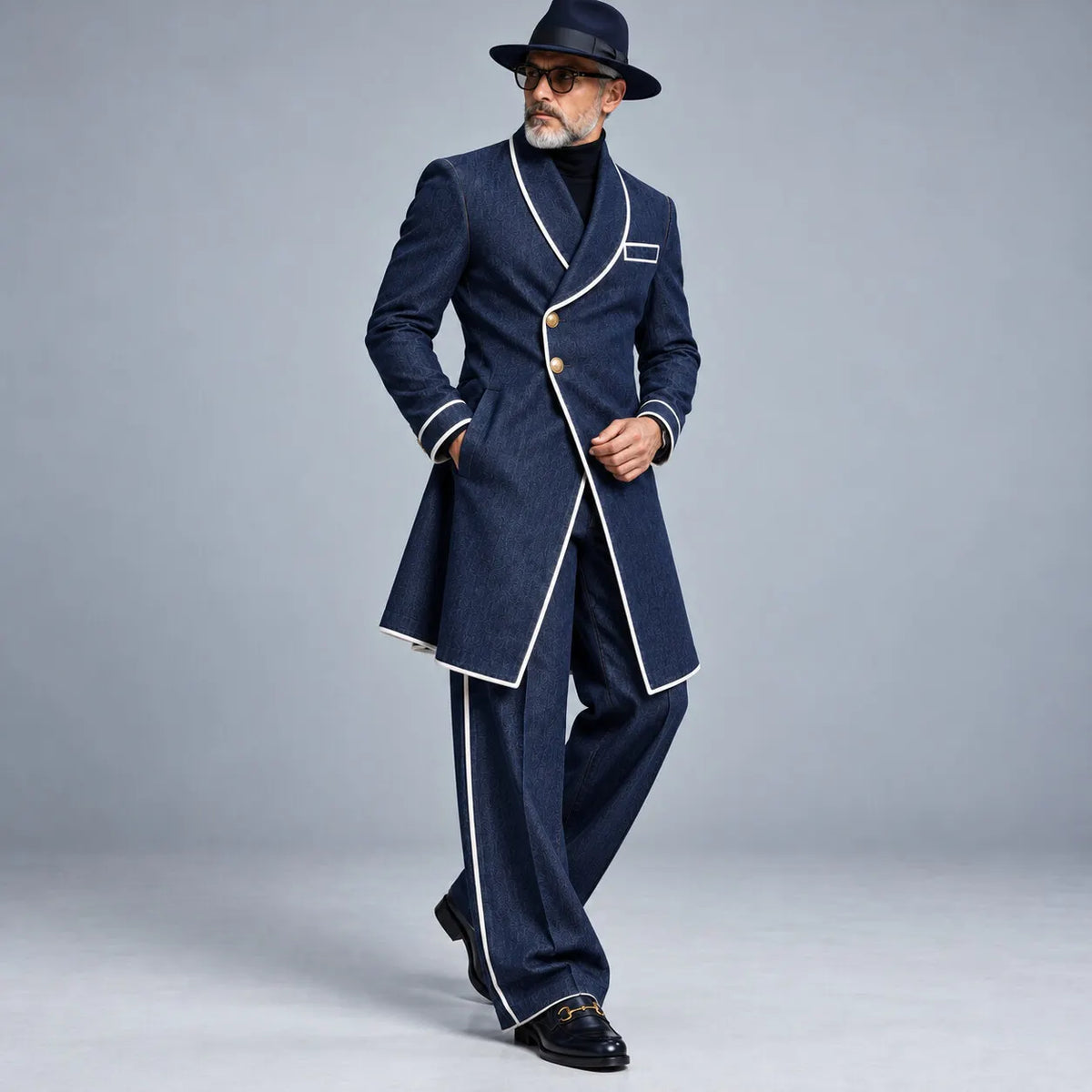 Men's Navy Blue Contrast Piping Shawl Lapel Asymmetrical Overcoat & Pants Denim-Like 2Pcs Set