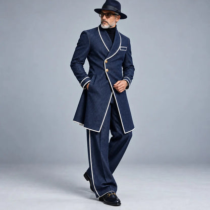 Men's Navy Blue Contrast Piping Shawl Lapel Asymmetrical Overcoat & Pants Denim-Like 2Pcs Set