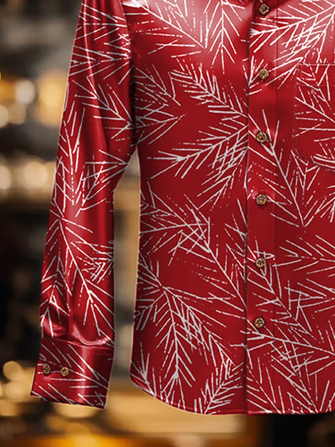 Men's Luxury Christmas Contrast Print Long Sleeve Pocket Shirt
