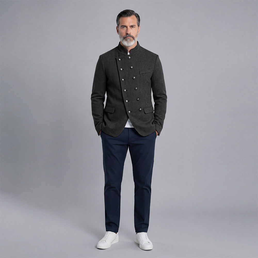 Men's Double-Breasted Slim-Fit Stand-Up Collar Suit with Diagonal Placket