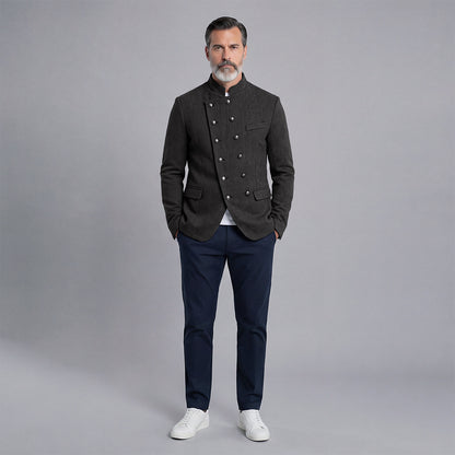 Men's Double-Breasted Slim-Fit Stand-Up Collar Suit with Diagonal Placket