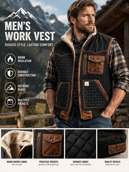 Men's Vintage-Style Textured Jacquard Knit & Leather-Panel Outdoor Warm Hooded Vest
