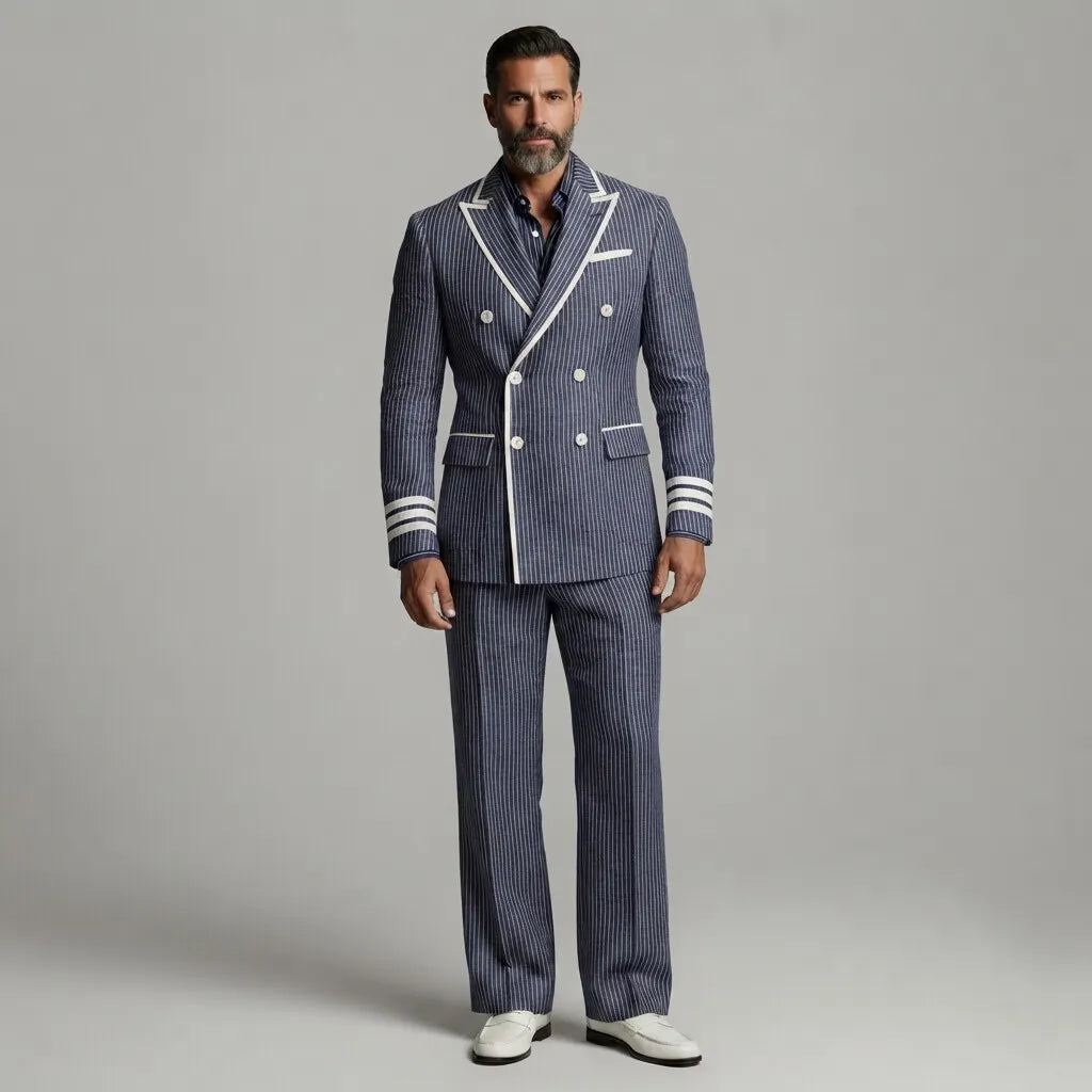 Men's Formal Navy Blue Pinstripe Print Contrast Piping Peak Lapel Double-Breasted Blazer & Pants 2Pcs Suit