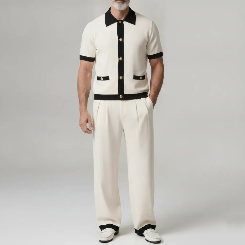 Men's Beige Contrast Binding Single Breasted Short Sleeve Shirt & Pants 2Pcs Set