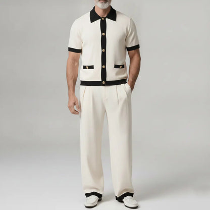 Men's Beige Contrast Binding Single Breasted Short Sleeve Shirt & Pants 2Pcs Set