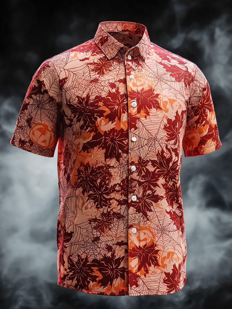 Men's Business Halloween Maple Leaf Pumpkin Print Lapel Short Sleeve Shirt
