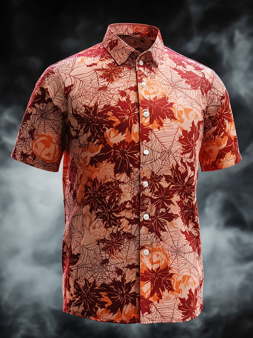 Men's Business Halloween Maple Leaf Pumpkin Print Lapel Short Sleeve Shirt