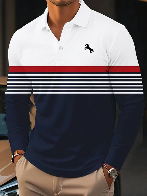 Men's Retro Business Print Long Sleeve Polo Shirt