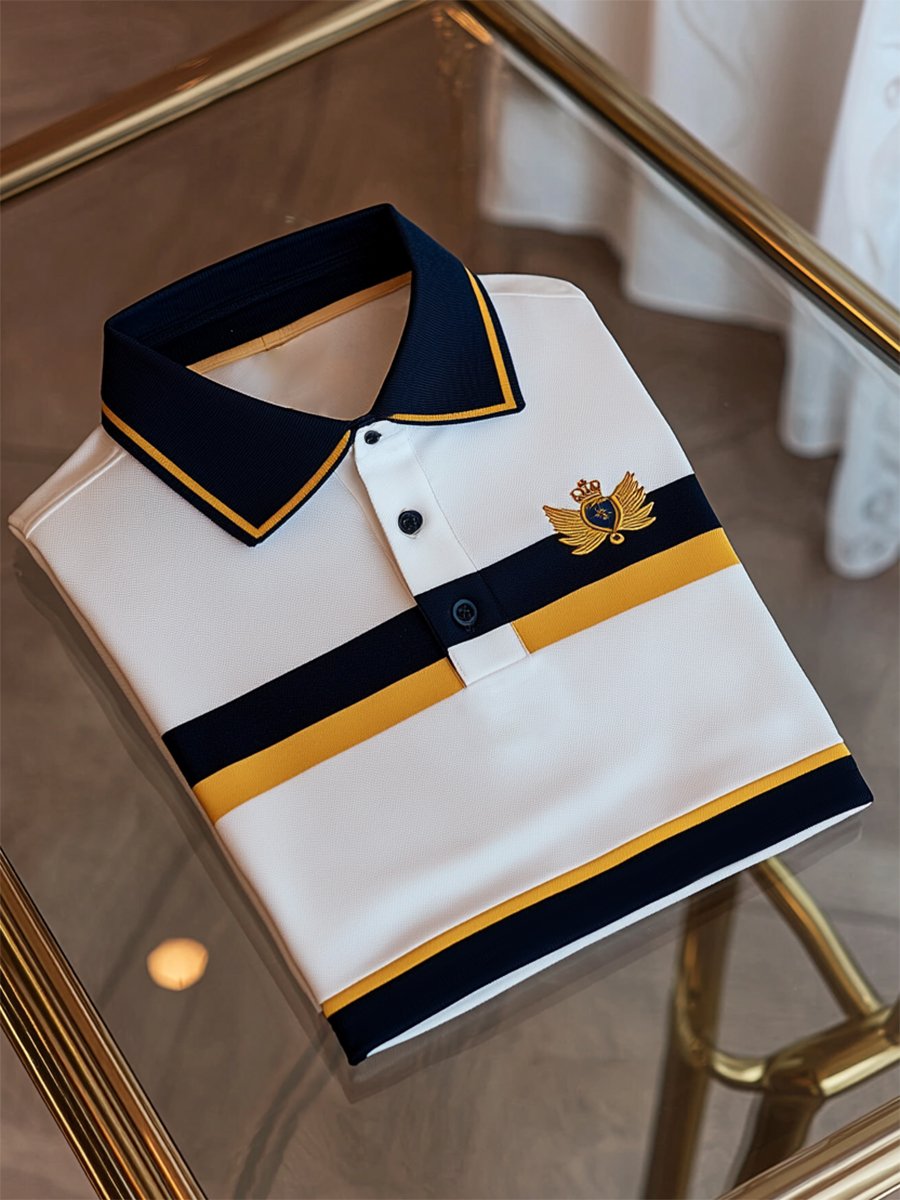 Men's Business Casual Striped Logo Button Short Sleeve Polo Shirt