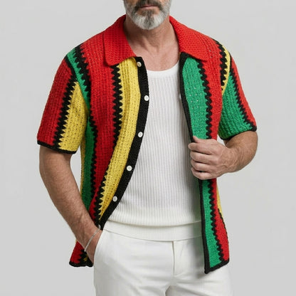 Men's Casual Colorblock Striped Hollow Out Button-Up Short Sleeve Shirt
