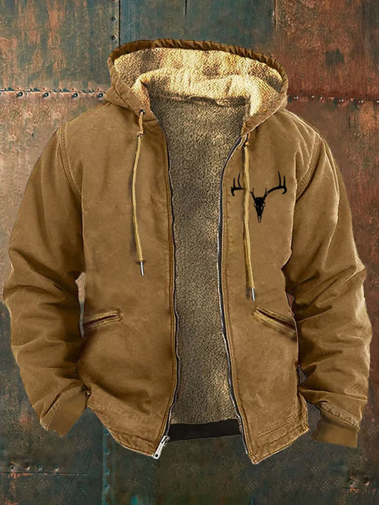 Men's Western Deer Head Print Hooded Zip Sweater Jacket