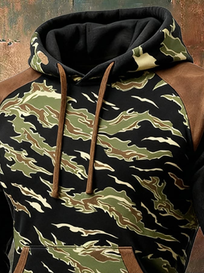 Men's Retro Distressed Color Block Camouflage Print Casual Long Sleeve Sweatshirt