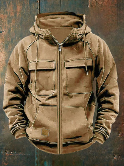 Men's Vintage Double Pocket Solid Color Comfort Zip Cardigan Jacket