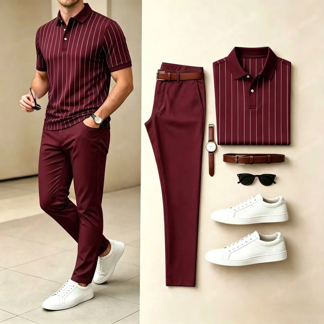 Men's Casual Printed Polo Shirt And Pants Two-Piece Set