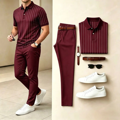 Men's Casual Printed Polo Shirt And Pants Two-Piece Set