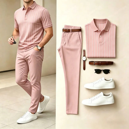 Men's Casual Printed Polo Shirt And Pants Two-Piece Set