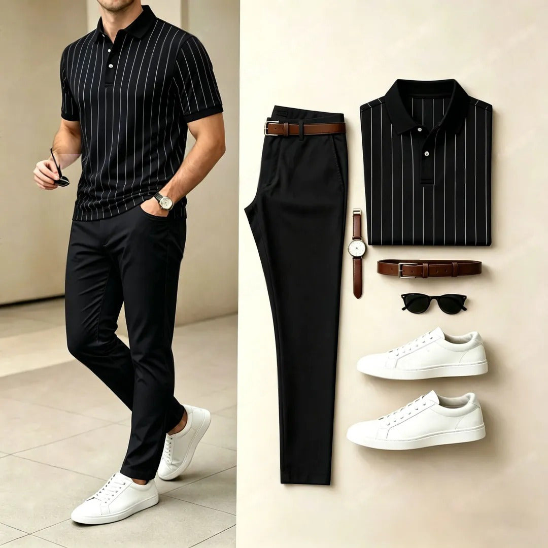 Men's Casual Printed Polo Shirt And Pants Two-Piece Set