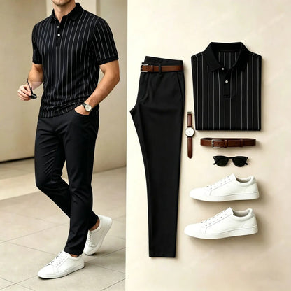 Men's Casual Printed Polo Shirt And Pants Two-Piece Set