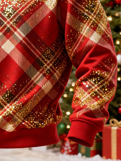 Men's Retro Color Block Print Christmas Fur Collar Sweatshirt