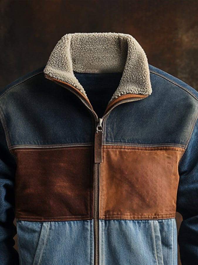 Men's Retro Stitching Contrast Color Zipper Fur Collar Jacket