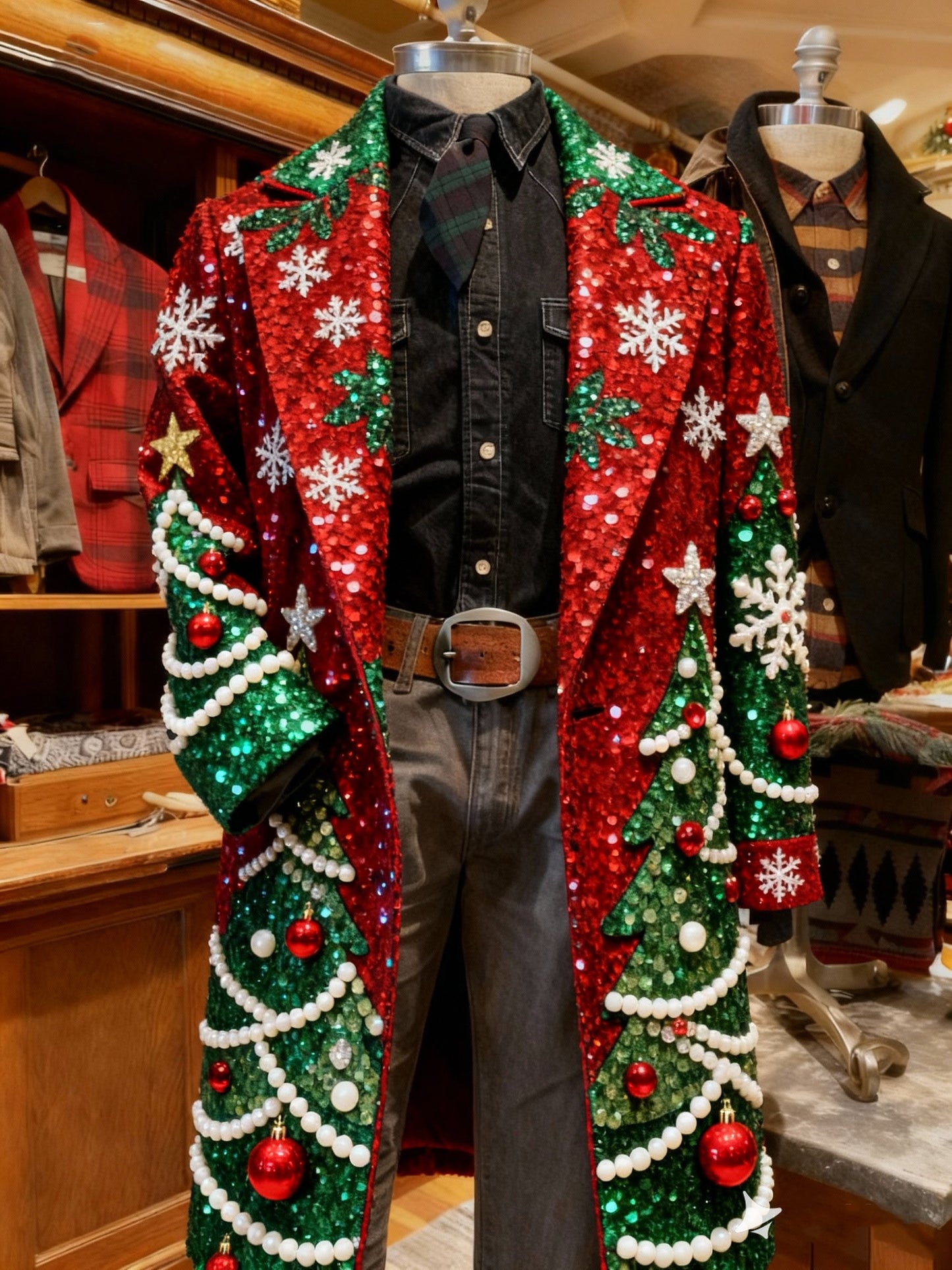 Men's Vintage Christmas Warm Casual Double-breasted Long Wool Overcoat