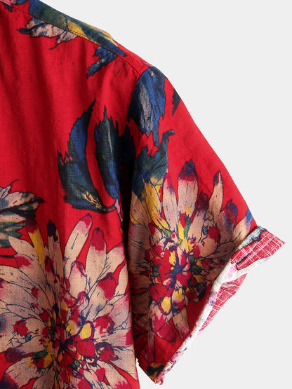 Men's Red Flower Tropical Hawaii Cotton Short Sleeve Shirt