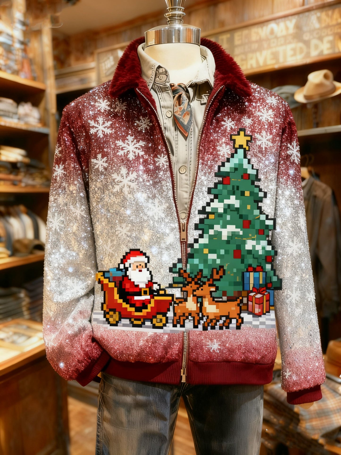 Men's Vintage Christmas Tree Casual Sherpa Fleece Snowman Jacket