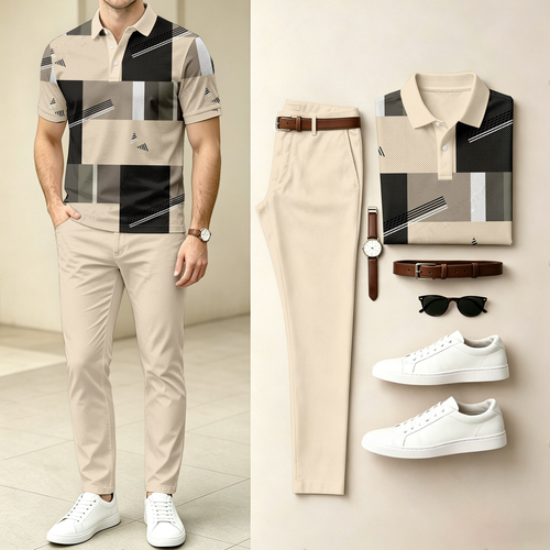Men's Casual Color-Blocked Printed Short-Sleeve Polo Shirt And Pants Set (Excludes Accessories Such As Watches And Belts)