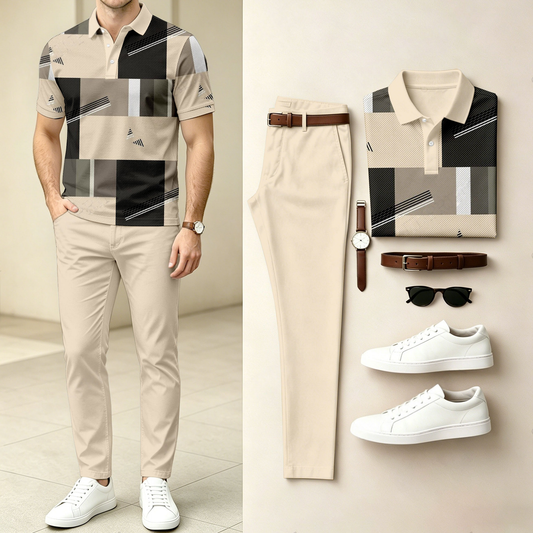 Men's Casual Color-Blocked Printed Short-Sleeve Polo Shirt And Pants Set (Excludes Accessories Such As Watches And Belts)