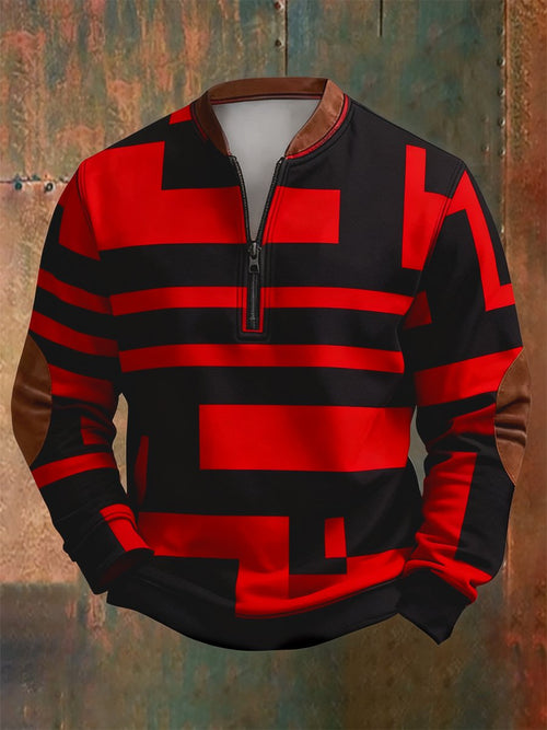 Men's Retro Bauhaus Geometric Style Print Quarter Zip Sweatshirt