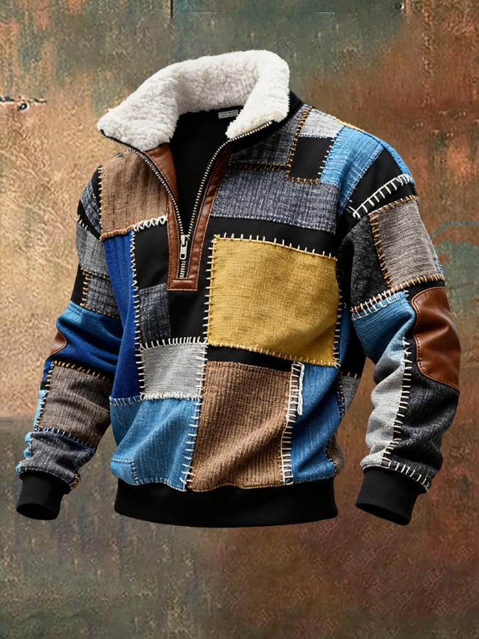 Men's Retro Color Block Print Casual Fur Collar Long Sleeve Sweatshirt
