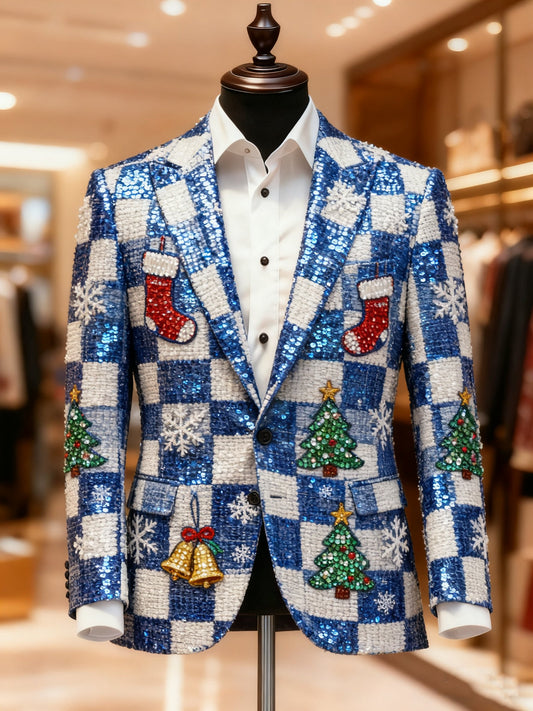 Men's Business Casual Large Pocket Notch Lapel Print Christmas Blazers