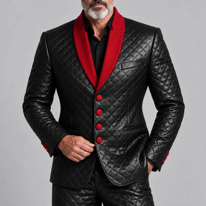 Men's Black PU Leather Contrast Shawl Lapel Single Breasted Slim Fit Quilted Jacket