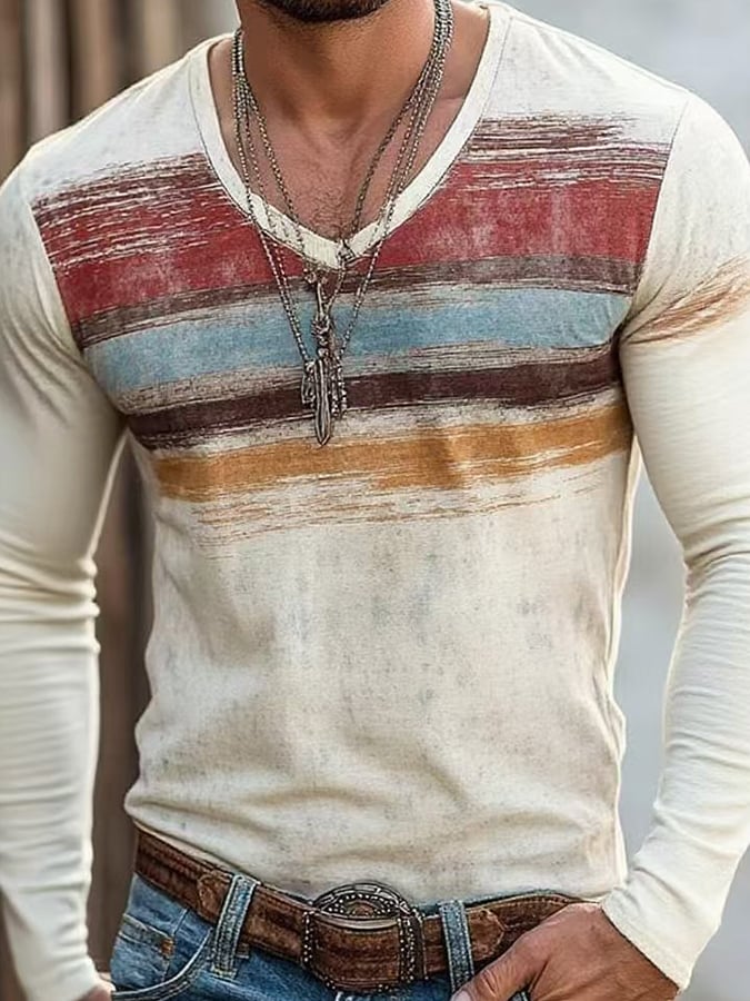 Men's Casual Striped Print V-Neck Long Sleeve T-Shirt