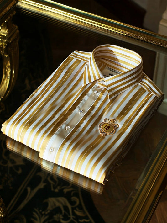 Men's Satin Luxury Business Striped Short Sleeve Button Shirt