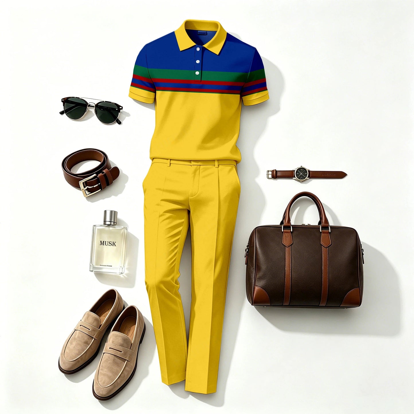 Men's Casual Yellow Printed Polo Shirt And Pants Two-Piece Set