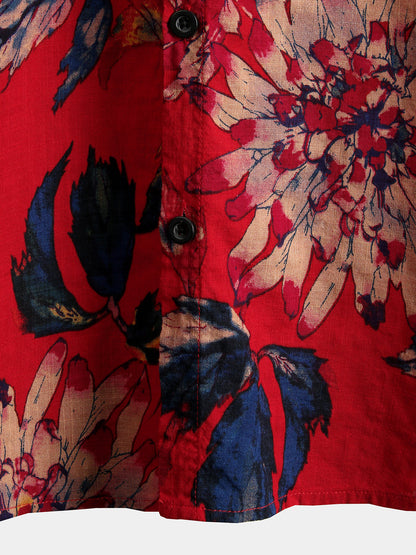 Men's Red Flower Tropical Hawaii Cotton Short Sleeve Shirt