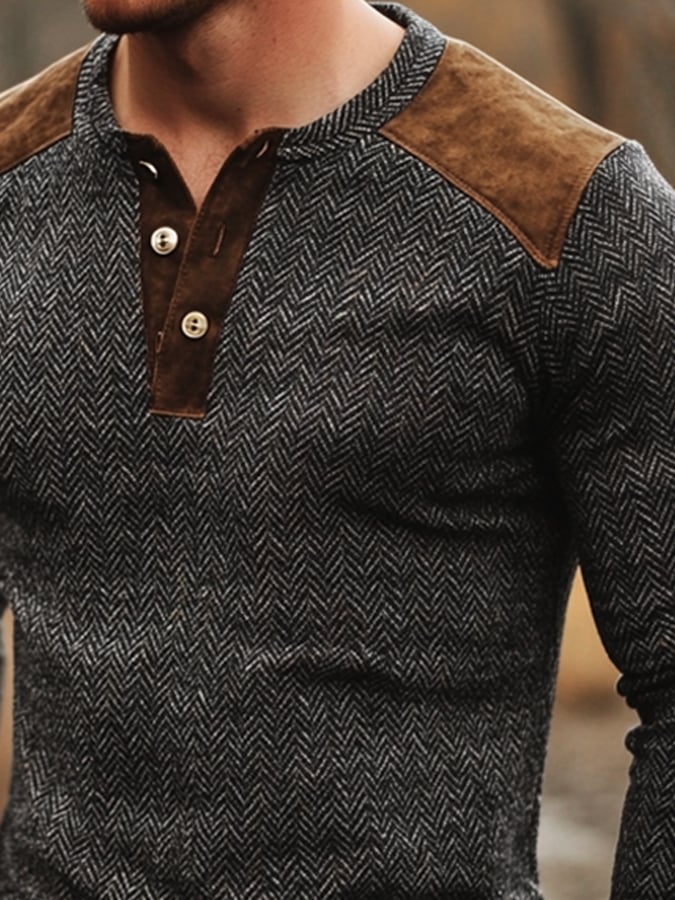 Men's Retro Casual Herringbone Colorblock Long Sleeve Henley Shirt