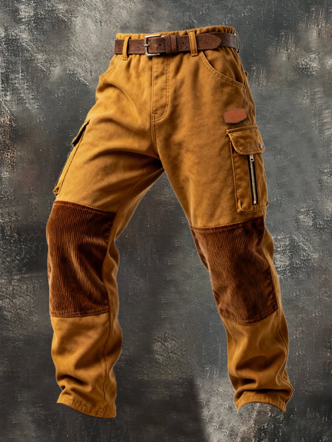 Men's Retro Stitching Functional Wear-Resistant Ripstop Zipper Pocket Work Pants