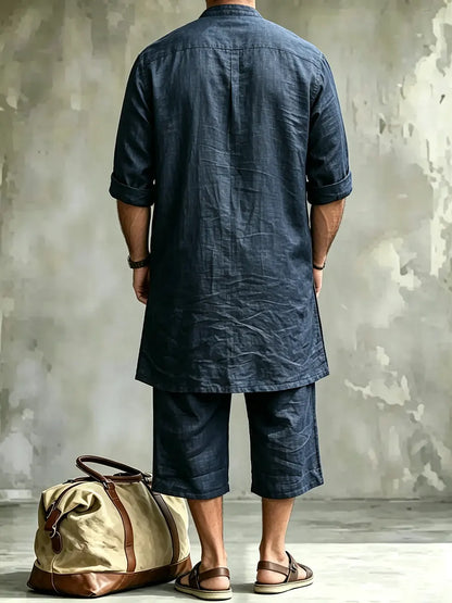 Men's Comfort Casual Short-sleeve Linen Top Shorts Two-piece
