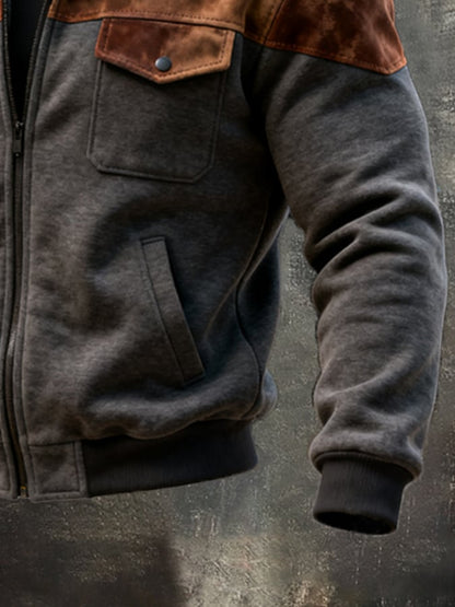 Men's Retro Stitching Contrast Color Fur Collar Jacket