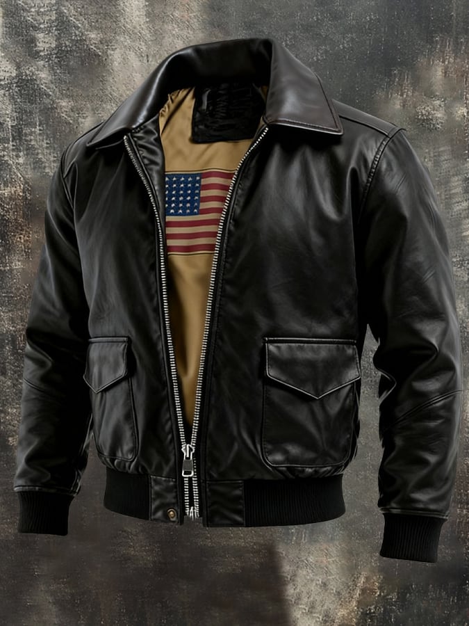 Men's Vintage Leather American Flag Lined Multi-Pocket Outdoor Jacket