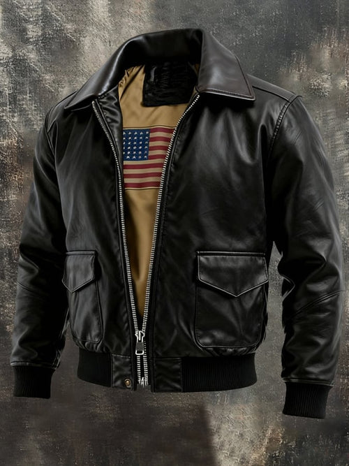 Men's Vintage Leather American Flag Lined Multi-Pocket Outdoor Jacket