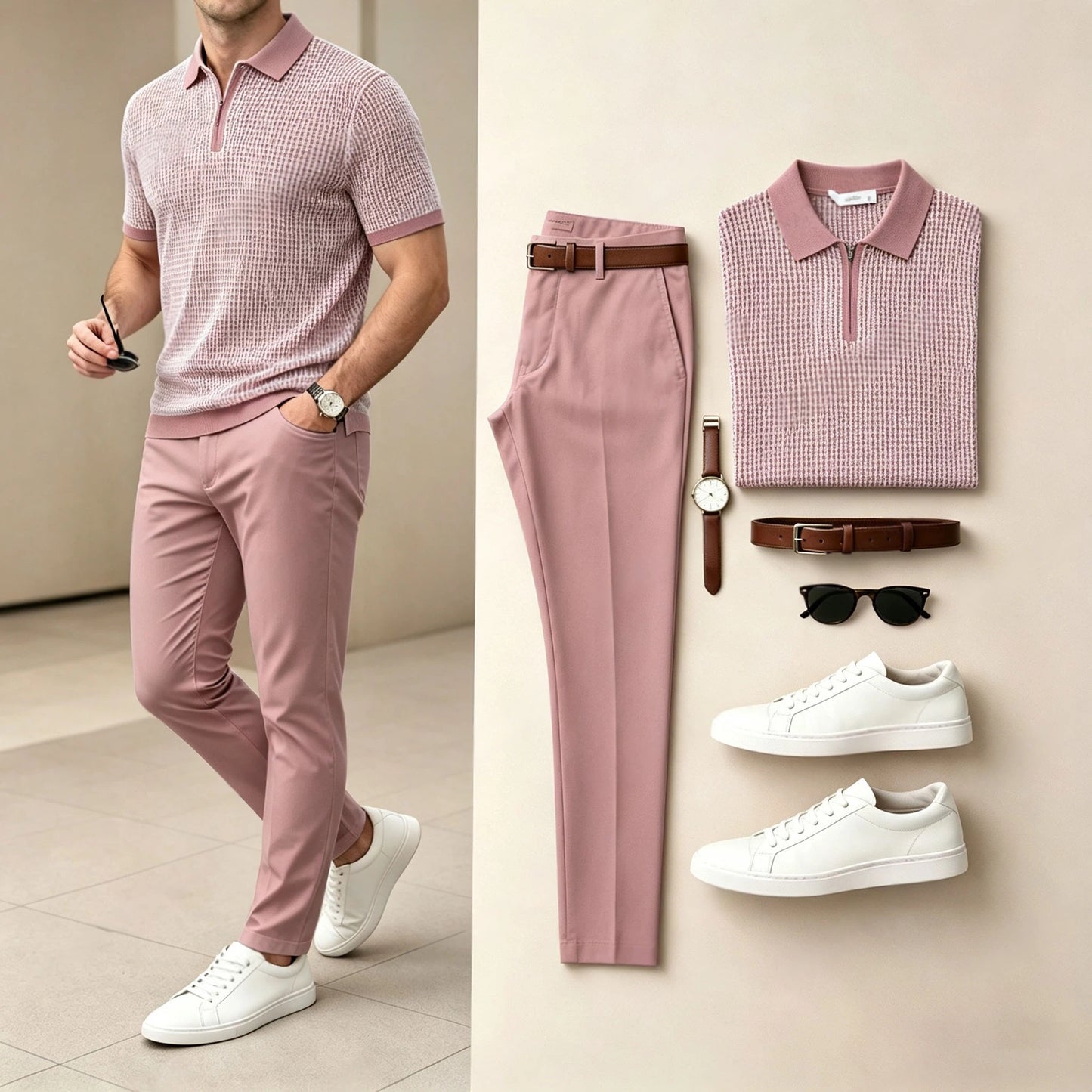 Men's Ice Silk Zipper-Front Knit Short-Sleeve Polo Shirt and Pants Two-Piece Set (Accessories Not Included)